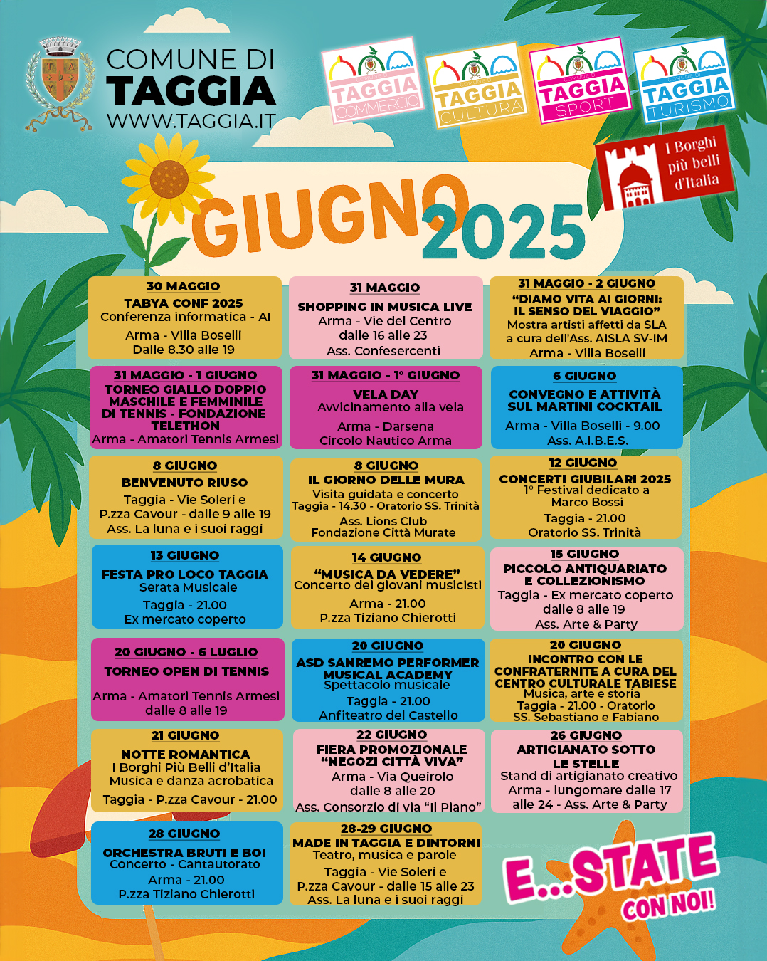 Taggia Accende l’Estate: Giugno Esplosivo con Oltre Venti Eventi tra Musica, Cultura e Sport Il Comune di Taggia si prepara a un’estate vivace, inaugurando la stagione con un fitto calendario di appuntamenti che animeranno il territorio giĆ a partire dall’ultimo fine settimana di maggio.…