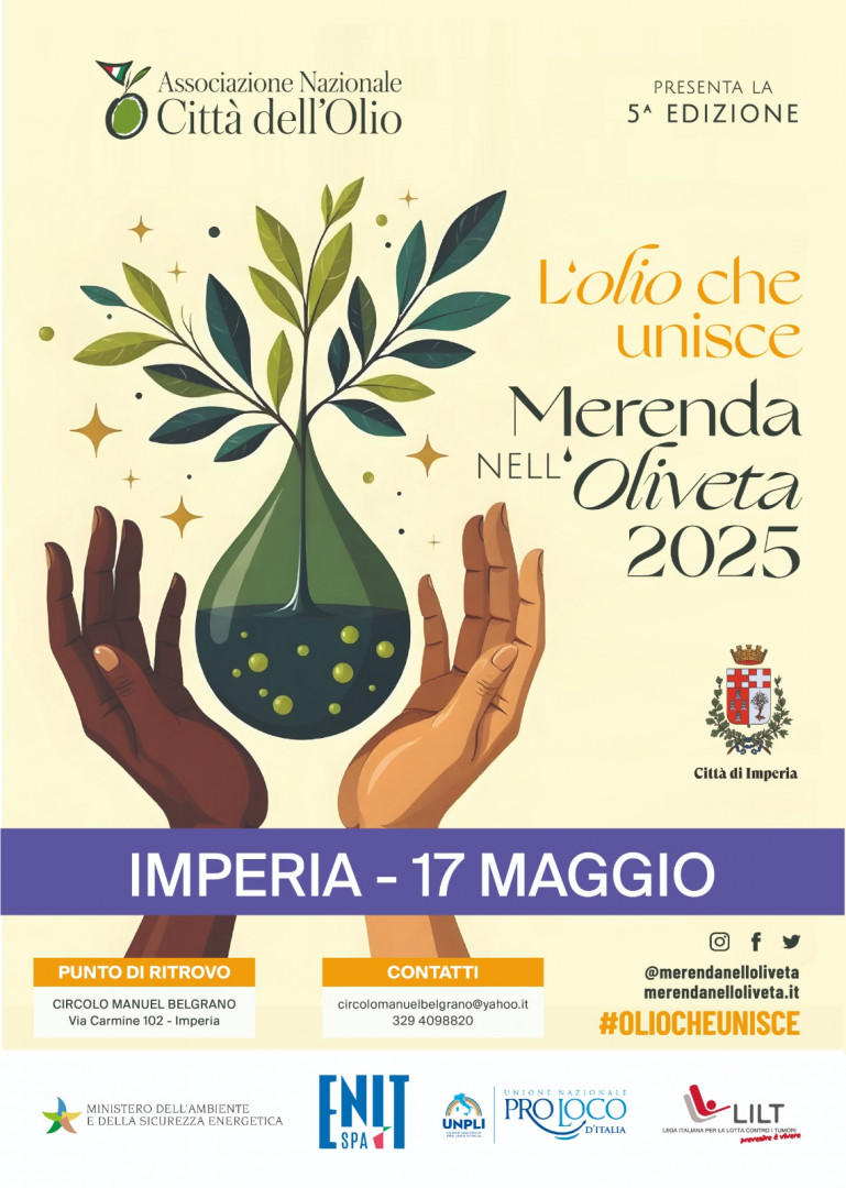 Imperia si prepara alla quinta edizione di “Merenda nell’Oliveta”: un’immersione tra paesaggio, sapori e convivialità Imperia – Sabato 17 maggio, la città di Imperia si appresta ad ospitare la quinta edizione di “Merenda nell’Oliveta”, l’iniziativa promossa dall’Associazione Nazionale “Città dell’Olio” che celebra la cultura dell’olio…